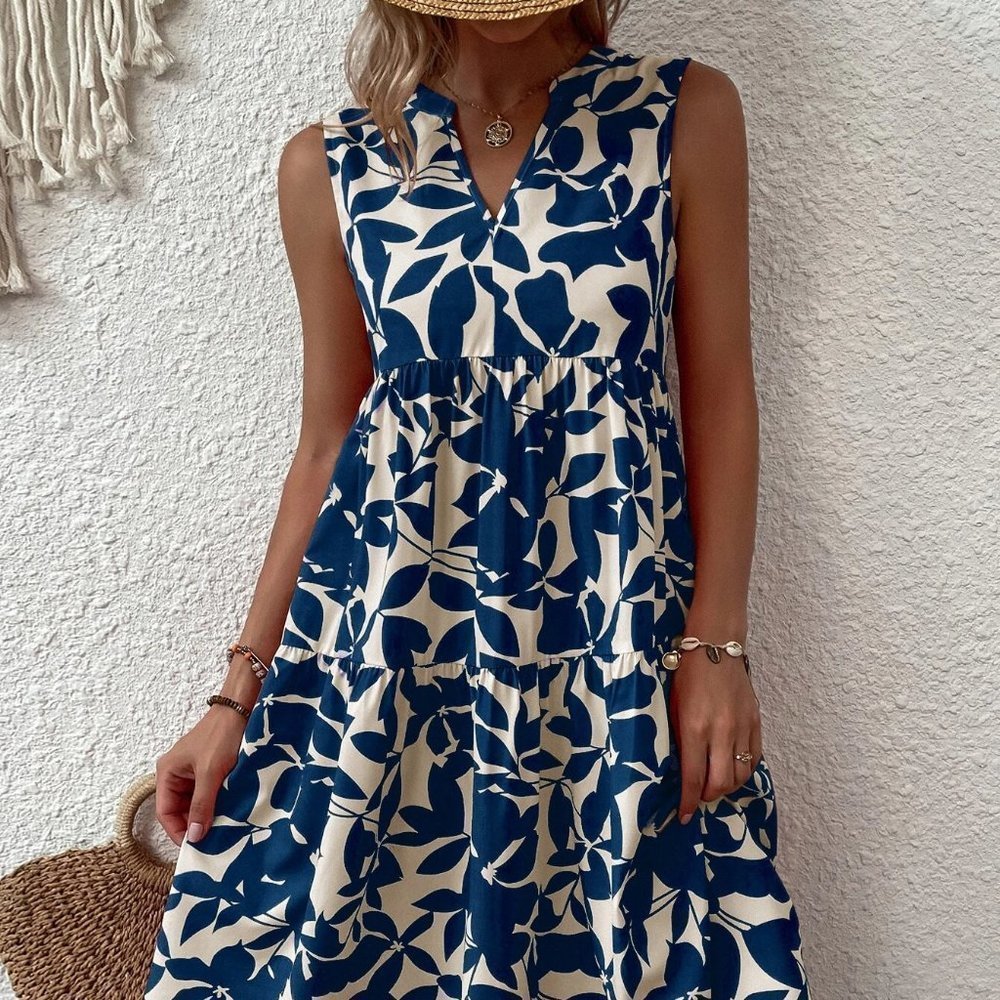 White & Blue Preppy Womens Allover Plant Print Notch Neck Ruffle Hem Dress - Picture 3 of 5